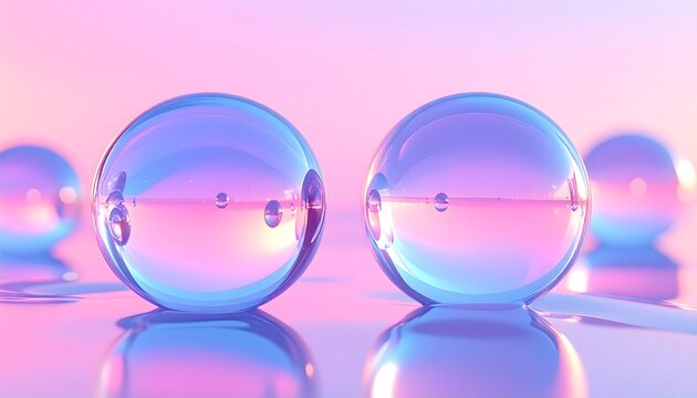 Esferas de cristal transparentes sobre fondo rosa y azul con reflejos suaves en composici&oacute;n abstracta moderna