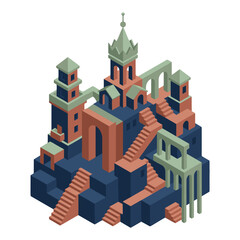 Fototapeta premium Isometric fantasy castle with staircases and towers in vibrant colors 