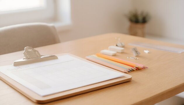 Portapapeles con hojas en blanco, l&aacute;pices y material de oficina sobre mesa de madera en ambiente luminoso de trabajo y estudio