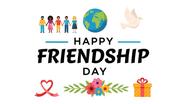 Happy Friendship Day Celebration: A vibrant illustration celebrating friendship day, featuring diverse people holding hands, the earth, a dove, a ribbon heart, flowers, and a gift.