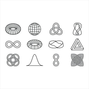Set of abstract geometric shapes, mathematical symbols, and decorative knots