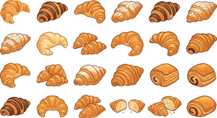 Fototapeta premium Delicious French Croissant and Pastry Collection Set with Chocolate Almond and Butter Variations Vector Illustration