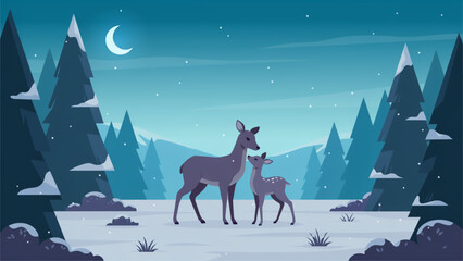 Two reindeer standing together in a snowy forest under a starry night sky Vector © Msttaslima