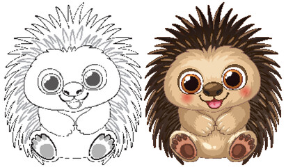 Obraz premium Cute Cartoon Hedgehog Vector Illustration with Line Art Coloring Page