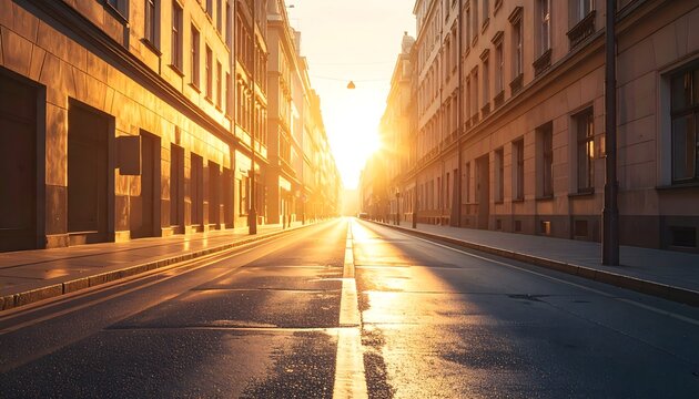 Calle urbana vac&iacute;a al amanecer con luz dorada entre edificios y reflejos sobre el asfalto en ciudad moderna