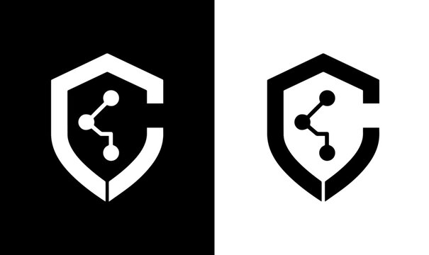 Abstract geometric hexagon cyber shield logo icon with modern tech block lines