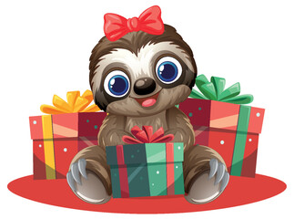 Fototapeta premium Cute Cartoon Sloth Character Sitting with Wrapped Holiday Gift Boxes