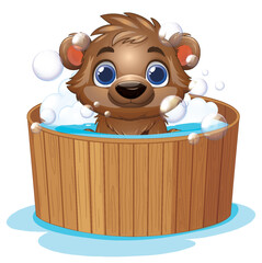 Cute Cartoon Bear Cub Taking a Bubble Bath in Wooden Tub © GraphicsRF