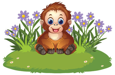 Obraz premium Cute Cartoon Baby Orangutan Sitting in a Flower Garden