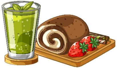 Chocolate Swiss Roll Cake with Green Tea Smoothie and Fresh Strawberries © GraphicsRF