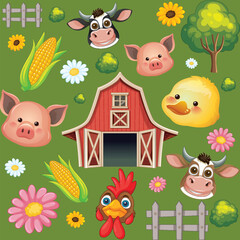Naklejka premium Seamless Vector Pattern with Cartoon Farm Animals and Red Barn
