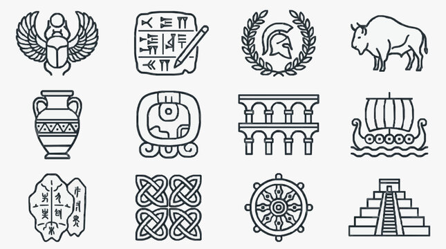 Professional Black and White Line Art Icons Set of Ancient Symbols Mythical Creatures and Historical Artifacts