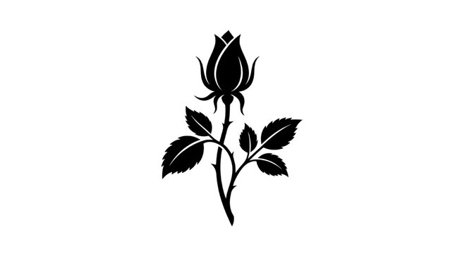 Black silhouette of a rosebud with leaves on white background