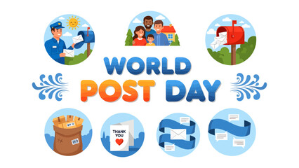 Fototapeta premium Celebrating World Post Day: A vibrant collection of illustrations depicting the joy and importance of postal services, featuring mail carriers, family, mailboxes, and letters.
