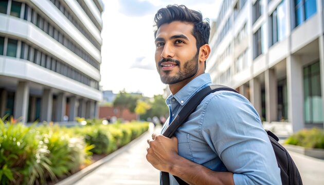 Hombre joven con mochila caminando entre edificios modernos en concepto de vida urbana, estudios y rutina profesional