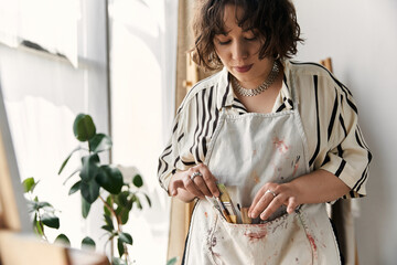 Obraz premium A talented young artist with curly hair passionately paints while nestled in her stylish apartment.