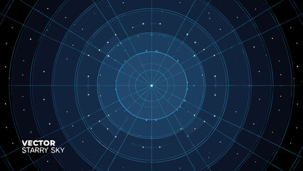 Dark blue vector starry sky background with concentric circles and scattered white dots astronomy celestial constellation cosmic © Chapala