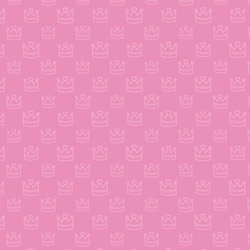 Seamless pink princess crown pattern with heart details. Cute royal repeating design for girls, baby shower, nursery decor, fabric, wallpaper, wrapping paper and stationery.