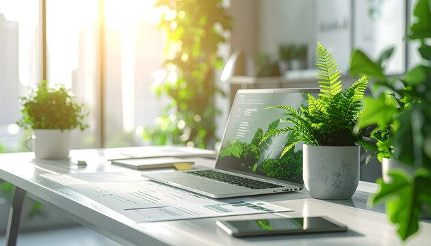 Escritorio moderno con plantas verdes, ordenador port&aacute;til y material de oficina en ambiente luminoso de trabajo sostenible