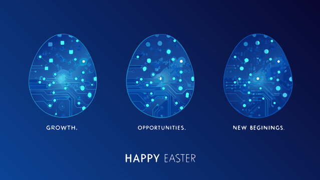 Three easter eggs depicting circuit board patterns in glowing blue with text labels below abstract glow circuitry