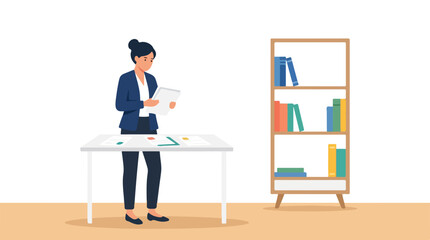 Fototapeta premium A professional woman in a navy suit stands at a desk reviewing documents in a minimalist office setting with a bookshelf nearby.