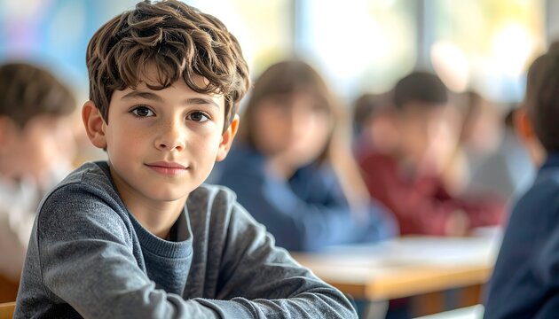 Ni&ntilde;o en aula escolar mirando a c&aacute;mara con compa&ntilde;eros desenfocados al fondo en ambiente educativo luminoso