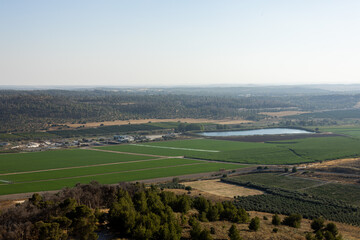 Fototapeta premium Scenic view of vast green crop fields and a natural pond situated in a wide rural valley in Israel