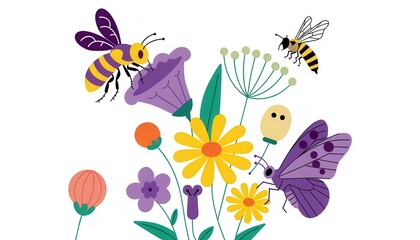 Fototapeta premium Ecological Diversity: Pollinating insects visiting blooming wildflowers 