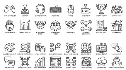 40 Gaming, Esports Icons Set, Black and White Line Art, Vector Graphics © eesha
