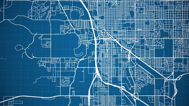 Ink reveal animation of Tucson city, Arizona, (AZ), United States of America, grid map. Aerial top view. Blueprint style. White lines with blue background. 4K Seamless loop.