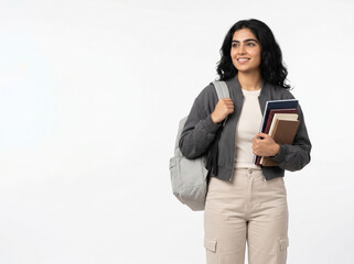 Fototapeta premium confident young indian female college student with backpack and books representing higher education success and career aspirations