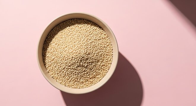 quinoa grains in ceramic bowl on pastel pink background