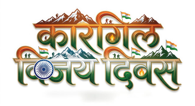 Promotional concept for Kargil Vijay Diwas hindi typography with victory, saluting and celebrating banner design.