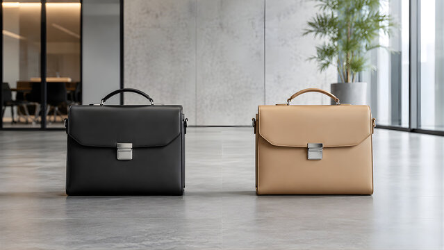 Professional leather briefcases in a modern office represent equality