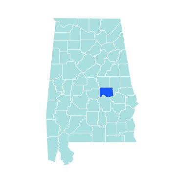 Elmore County highlighted in blue on Alabama state map with blue theme