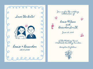 Obraz premium Hand drawn whimsical wedding invitation card set with lovely cartoon couple
