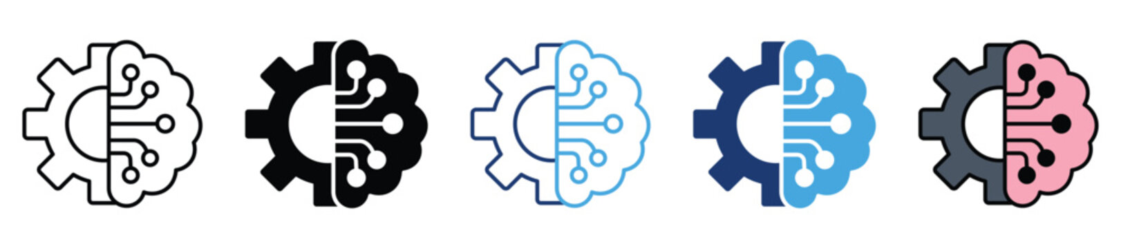 Artificial intelligence brain with mechanical gear and digital circuit lines icon set for machine learning technology. Vector illustration and transparent png
