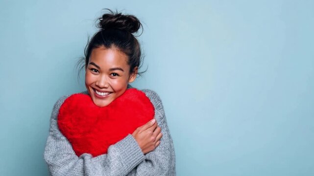 Asian Woman Hugging Red Heart Pillow Smiling