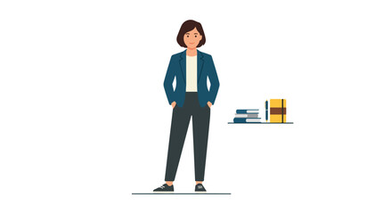A smiling professional woman stands confidently in business attire next to a small shelf holding a stack of books and a notebook. © Ohim