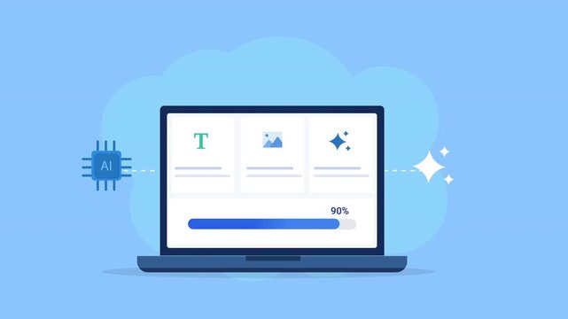 Animated flat vector illustration of a laptop displaying an AI content creation dashboard with text, image, and automation icons. Modern artificial intelligence, content generation, and creative techn