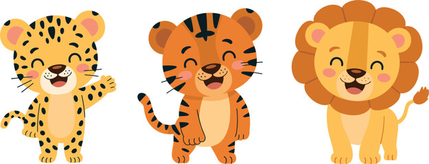 Cute cartoon baby leopard tiger and lion characters set, isolated safari animals vector illustration © Sayed Creative