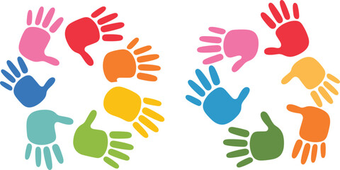 Fototapeta premium Colorful kids handprints circles for community teamwork and unity, isolated children vector illustration