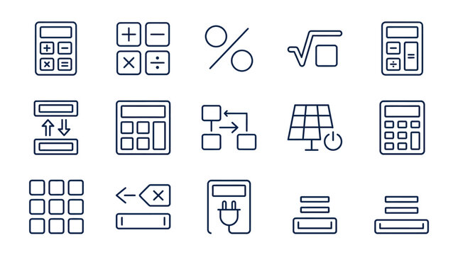 Calculator and math operation line icon set.