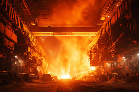 Molten steel is pouring from a blast furnace into a channel for casting. The scene shows the interior of a steel mill at night. Bright orange and yellow glow fills the area
