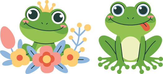 Obraz premium Cute cartoon frog characters with prince crown and flowers, isolated vector illustration set design