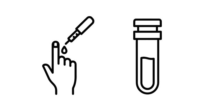 Medical diagnostic icons showing finger prick blood test with dropper and sample collection vial laboratory analysis clinical diagnostic healthcare medicine research examination