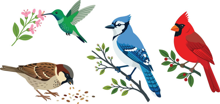 Colorful Bird Vector Illustration Set Featuring Hummingbird, Blue Jay, Northern Cardinal, and House Sparrow for Wildlife and Nature Designs