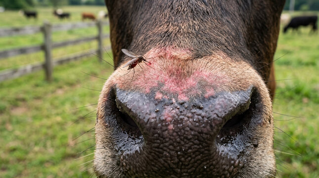 Close up of a cow's nose with a fly highlighting insect presence in agriculture and potential disease transmission