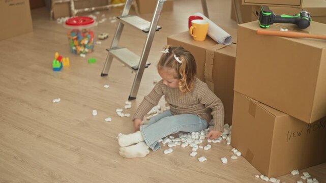 Girl sitting by stacked moving boxes and ladder, picking up scattered packing peanuts and toys in a building; moving transition curiosity.