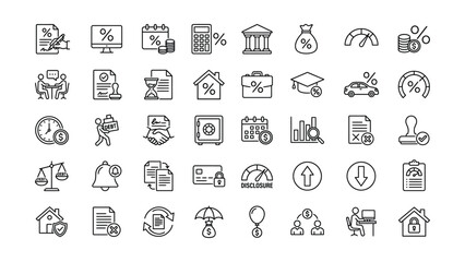 Fototapeta premium Comprehensive collection of financial debt loan banking and mortgage outline icons for business and personal finance applications